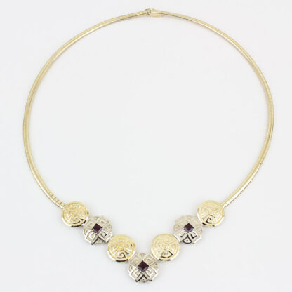 14K Two-Tone Gold Greek/Celtic Rune Disc w/ Garnet Gemstones Omega Link Necklace - Image 6