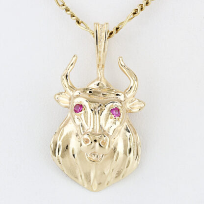 14KYG Bull Head Pendant Lab-Created Ruby Eyes Taurus Charm Zodiac Gift