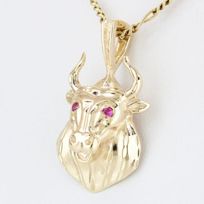 14KYG Bull Head Pendant Lab-Created Ruby Eyes Taurus Charm Zodiac Gift - Image 2