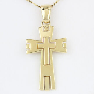 18KYG Vintage Italian Christian Cross Pendant Double Layered Modernist