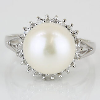 14KWG 10.5mm Cultured Pearl Diamond Halo Ring Anniversary Heirloom Gift