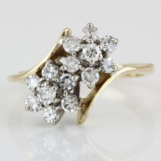 Vintage 1958 Mid-Century 14K Gold Diamond Double Floral Cluster Cocktail Ring