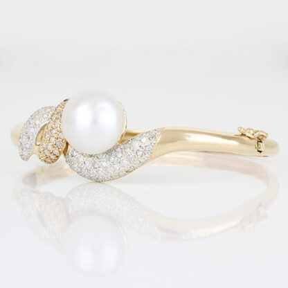 14KYG Diamond Mabe Pearl Bangle Bracelet Modern Baroque Anniversary Gift - Image 2