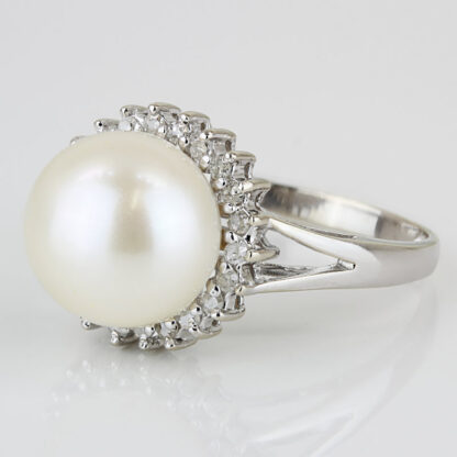 14KWG 10.5mm Cultured Pearl Diamond Halo Ring Anniversary Heirloom Gift - Image 2