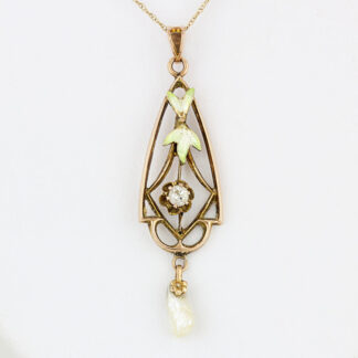 Antique Art Nouveau 10K Gold Enamel Diamond Pearl Pendant c.1905 Floral Drop Rare