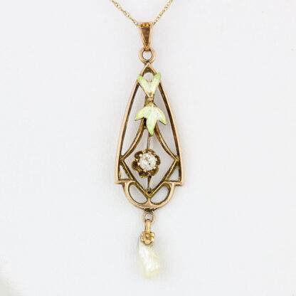 Antique Art Nouveau 10K Gold Enamel Diamond Pearl Pendant c.1905 Floral Drop Rare