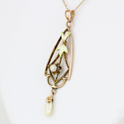 Antique Art Nouveau 10K Gold Enamel Diamond Pearl Pendant c.1905 Floral Drop Rare - Image 2