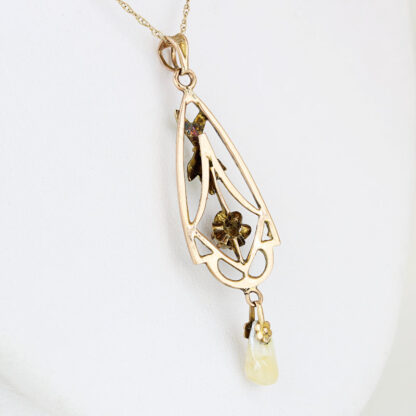 Antique Art Nouveau 10K Gold Enamel Diamond Pearl Pendant c.1905 Floral Drop Rare - Image 3