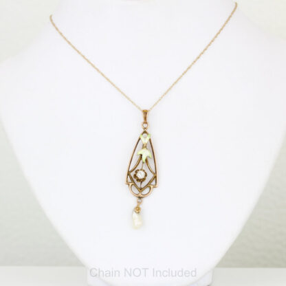 Antique Art Nouveau 10K Gold Enamel Diamond Pearl Pendant c.1905 Floral Drop Rare - Image 4