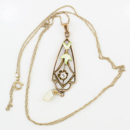 Antique Art Nouveau 10K Gold Enamel Diamond Pearl Pendant c.1905 Floral Drop Rare - Image 5