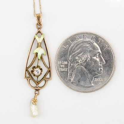 Antique Art Nouveau 10K Gold Enamel Diamond Pearl Pendant c.1905 Floral Drop Rare - Image 6