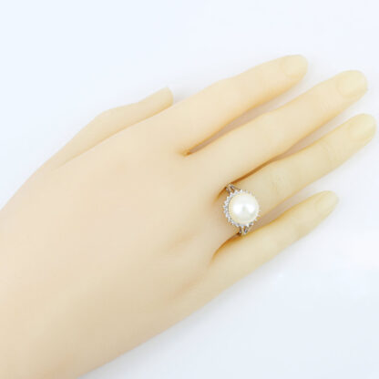 14KWG 10.5mm Cultured Pearl Diamond Halo Ring Anniversary Heirloom Gift - Image 8