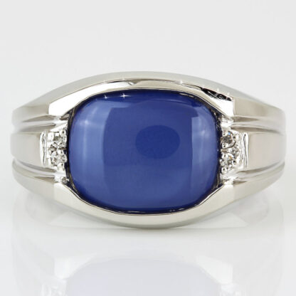 C.1959 Men's 10K White Gold Lab-Created Star Sapphire & Diamond Vintage Ring