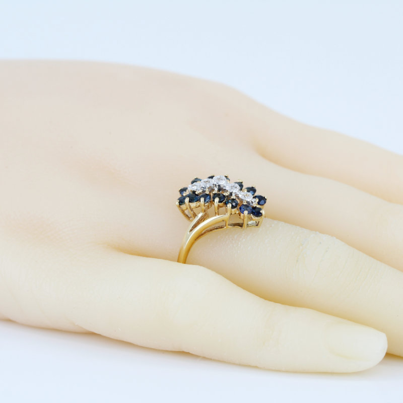 Vintage 14K Gold Blue Spinel & Diamond Cluster Cocktail Ring Anniversary Gift - Image 6