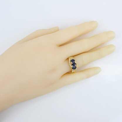 VINTAGE 14K GOLD BLUE SAPPHIRE DIAMOND 3-STONE RING BOLD STATEMENT GIFT ESTATE - Image 8