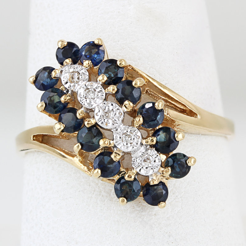 Vintage 14K Gold Blue Spinel & Diamond Cluster Cocktail Ring Anniversary Gift