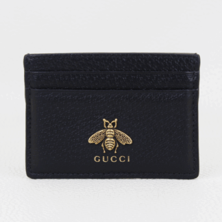 Gucci Black Pebbled Leather Animalier Card Holder Wallet Bee Emblem