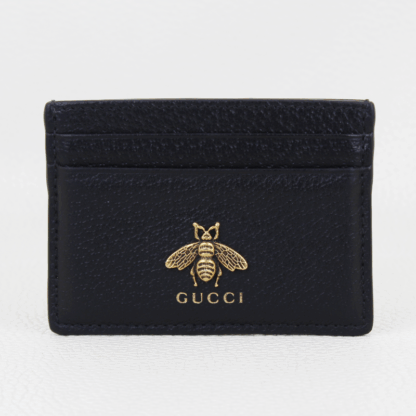 Gucci Black Pebbled Leather Animalier Card Holder Wallet Bee Emblem