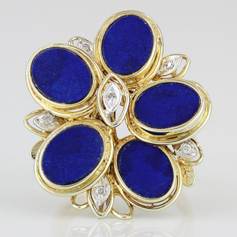 14K Yellow Gold Mid-Century Modern Lapiz Lazuli & Diamond Flower Estate Ring