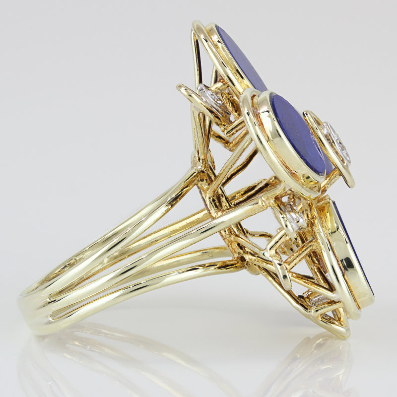 14K Yellow Gold Mid-Century Modern Lapiz Lazuli & Diamond Flower Estate Ring - Image 3