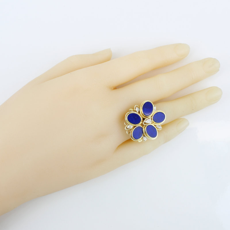 14K Yellow Gold Mid-Century Modern Lapiz Lazuli & Diamond Flower Estate Ring - Image 6