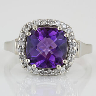 14k White Gold Large Cushion Amethyst Diamond Halo Ring Cocktail Statement Piece