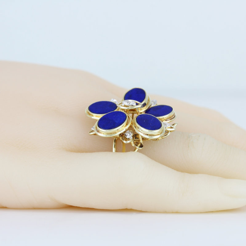 14K Yellow Gold Mid-Century Modern Lapiz Lazuli & Diamond Flower Estate Ring - Image 7