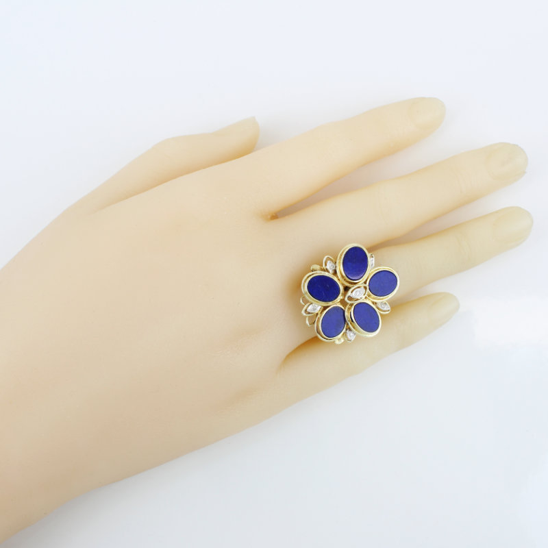 14K Yellow Gold Mid-Century Modern Lapiz Lazuli & Diamond Flower Estate Ring - Image 8