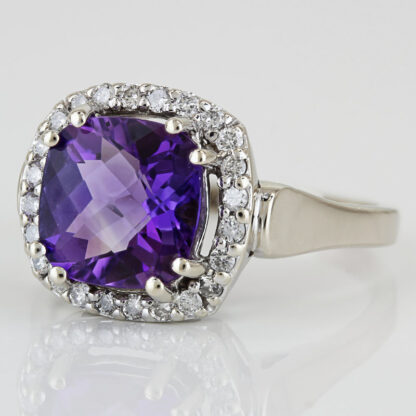 14k White Gold Large Cushion Amethyst Diamond Halo Ring Cocktail Statement Piece - Image 2