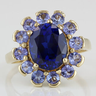 10K Gold Lab-Created Sapphire Tanzanite Cocktail Ring Vintage Estate Unique Gift