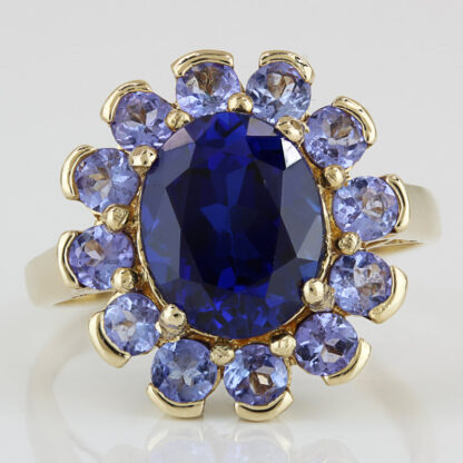 10K Gold Lab-Created Sapphire Tanzanite Cocktail Ring Vintage Estate Unique Gift
