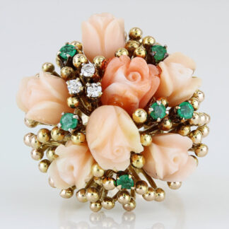 Vintage Solid Gold Floral Ring Carved Coral Roses Emerald Diamond Cocktail Gift