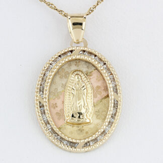 14K Tricolor Virgin Mary Pendant CZ Flowers Mexico Gold Jewelry Religious Gift
