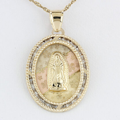 14K Tricolor Virgin Mary Pendant CZ Flowers Mexico Gold Jewelry Religious Gift