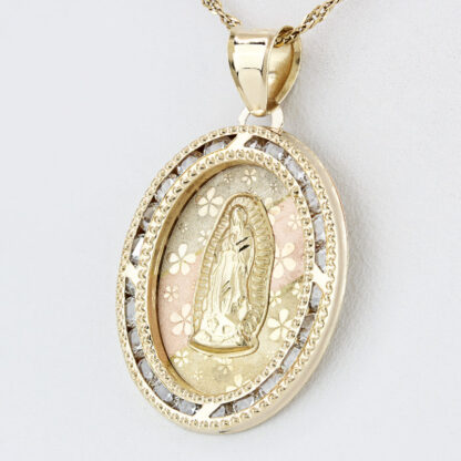 14K Tricolor Virgin Mary Pendant CZ Flowers Mexico Gold Jewelry Religious Gift - Image 2
