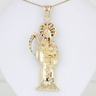 14K Solid Gold Santa Muerte Pendant Scales Sickle Protection Folk Saint Charm