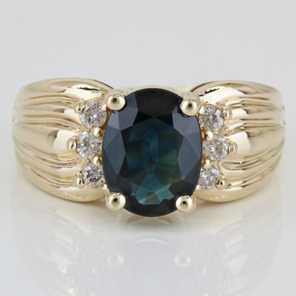 Natural Teal Sapphire Ring 1.5ct Oval – Vintage 14K Yellow Gold Diamond Accents
