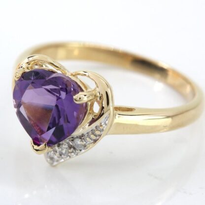 14K Yellow Gold Amethyst Heart & Diamond Ring - Image 2