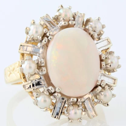 Vintage 14K Yellow Gold Oval Opal & Seed Pearl Halo Cocktail / Anniversary Ring (Copy) - Image 6