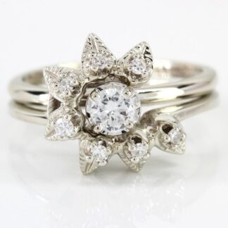 14k White Gold Ladies Diamond Flower Style Wedding Set Rings