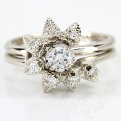14k White Gold Ladies Diamond Flower Style Wedding Set Rings