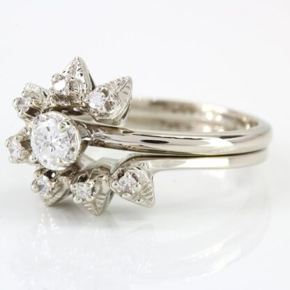 14k White Gold Ladies Diamond Flower Style Wedding Set Rings - Image 2