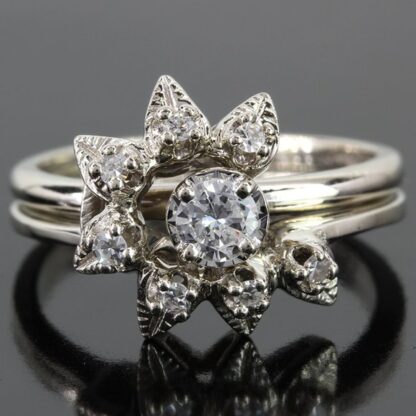 14k White Gold Ladies Diamond Flower Style Wedding Set Rings - Image 5