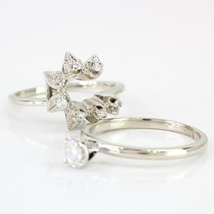 14k White Gold Ladies Diamond Flower Style Wedding Set Rings - Image 7
