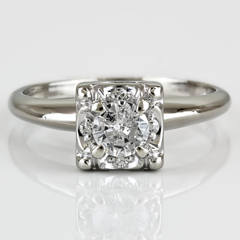 Vintage c.1950 Diamond Wedding Engagement Ring 14K White Gold Mid-Century Retro