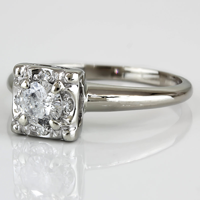 Vintage c.1950 Diamond Wedding Engagement Ring 14K White Gold Mid-Century Retro - Image 2
