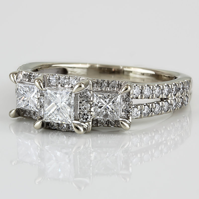 14K White Gold 3-Stone Princess Diamond Ring Round Accent Anniversary Cocktail - Image 2