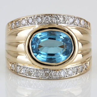 14K Yellow Gold Swiss Blue Topaz Diamond Cocktail Statement Anniversary Ring 