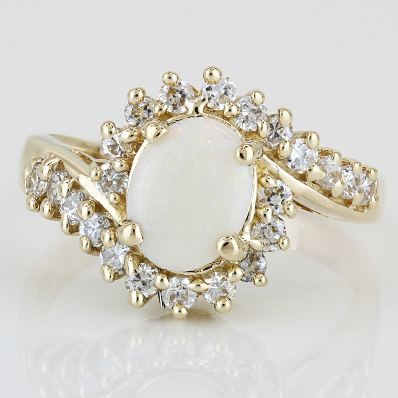 Vintage Oval Opal Halo Ring 14k Yellow Gold CZ Cluster Cocktail Statement Band