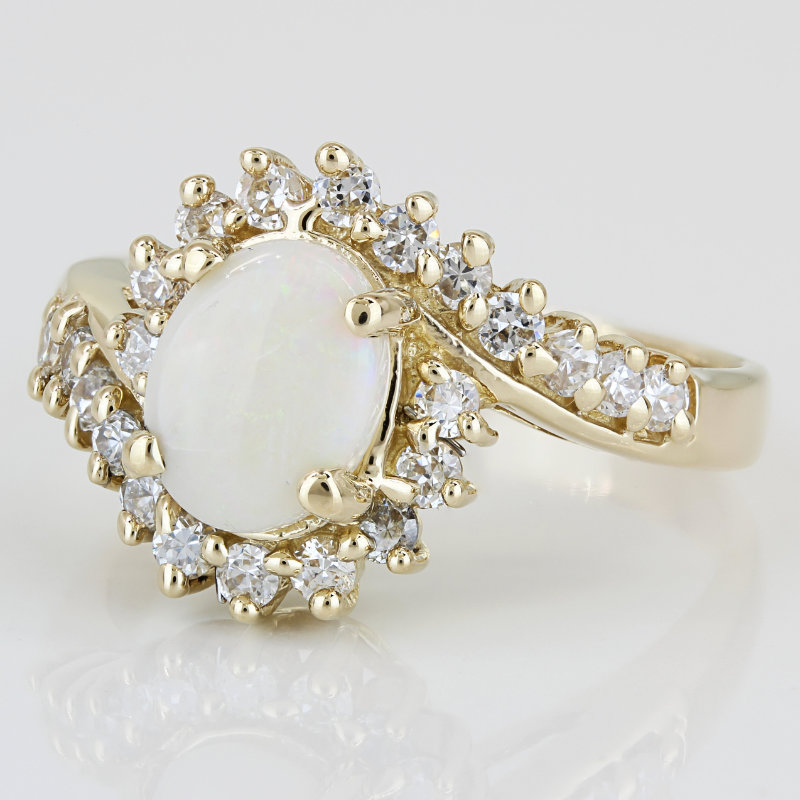 Vintage Oval Opal Halo Ring 14k Yellow Gold CZ Cluster Cocktail Statement Band - Image 2